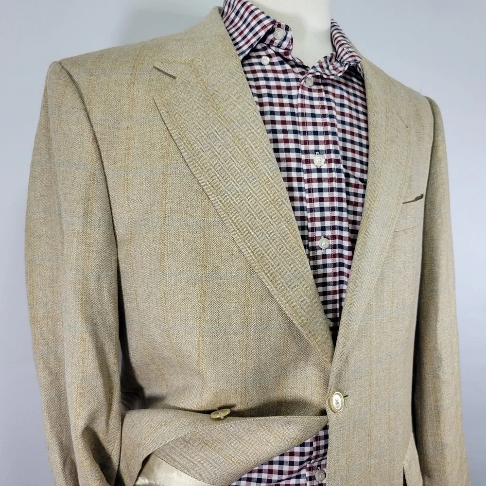 Hart‎ Schaffner Marx Men's Sport Coat Blazer Two Button Beige Plaid Size 44R